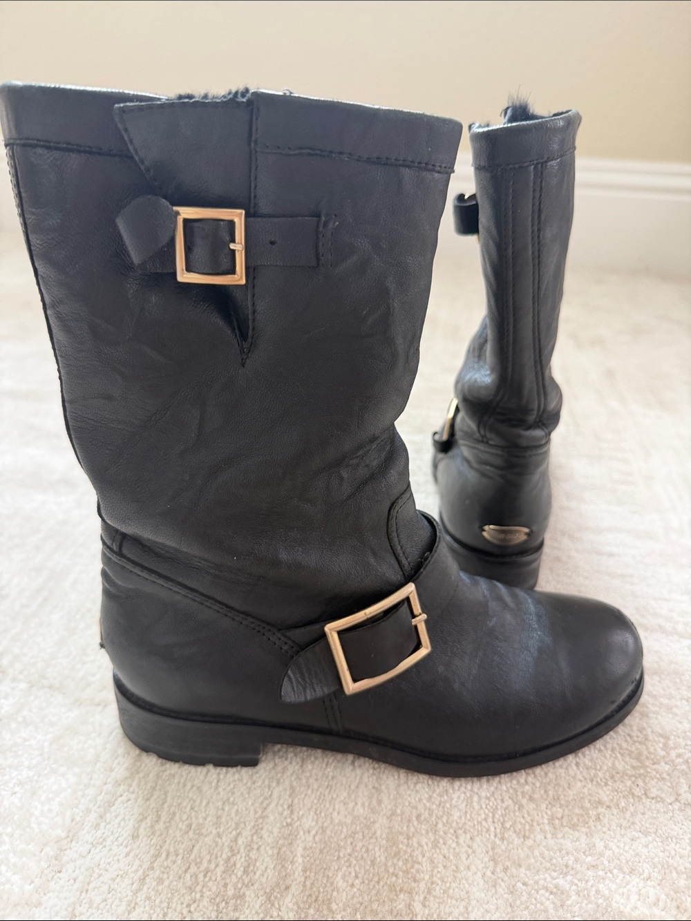 Jimmy Choo, black leather fur lined Moto boots, SZ 38